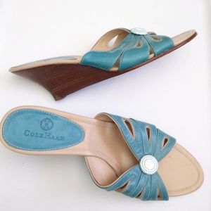 Cole Haan: Blue Leather Wedge Sandals 7.5AA